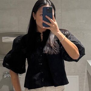 Anthropologie Black Lace Puff Sleeve Blouse